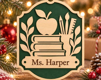 Teacher Ornament SVG, Personalized Christmas Laser Cut File, 2 Layer School Gift