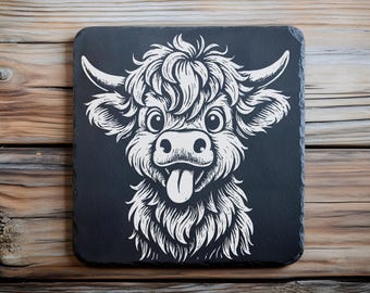 Funny Highland Cow SVG PNG, Laser Engrave File, Slate Coaster Engraving (Digital Download)