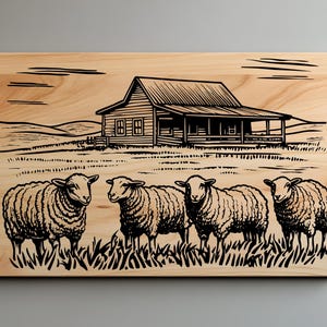 Sheep Farmhouse Decor Charcuterie, Country Scene Cutting Board Laser Engrave SVG, PNG, Lightburn Laser Svg File, Rustic Decor Svg, Wood Sign
