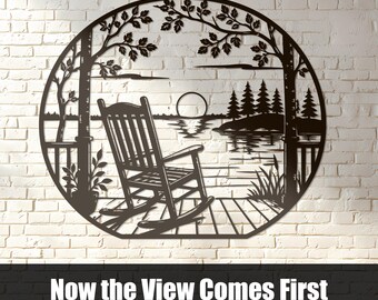 Retirement Lake Scene SVG DXF, Rocking Chair Plasma Cut Wall Art