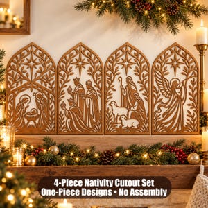 May include: A 4-piece nativity cutout set featuring four arched wooden panels with intricate laser-cut designs. The panels depict the nativity scene, the three wise men, shepherds with sheep, and an angel. Text reads: 4-Piece Nativity Cutout Set, One-Piece Designs, No Assembly.