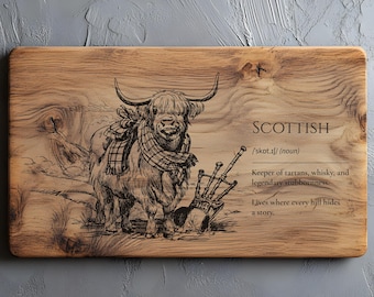 Tabellone di definizione scozzese SVG PNG, Divertente mucca delle Highlands Svg, Umorismo scozzese, Salumi, Tagliere Svg Lightburn File laser, Decorazioni scozzesi