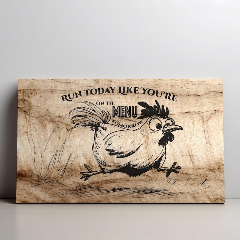 May include: Wooden sign with a cartoon chicken illustration and the text "Run today like you're on the menu tomorrow." The chicken is running with a panicked expression. The sign has a natural wood grain finish.