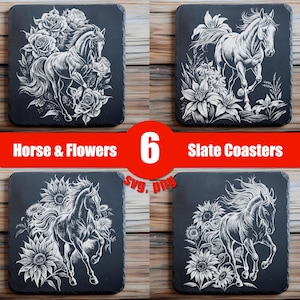 Horses And Flowers PNG, SVG Bundle, Slate Coaster Engraving, Png Slate Board, Cutting Board Engraving, Floral Horses, Bundle Slate Coaster.