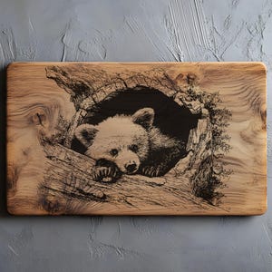 Słodki miś w wydrążonym kłódku SVG PNG, Lightburn Laser SVG, Projekt grawerunku leśnego, Słodkie leśne zwierzątko SVG, Rustykalny projekt grawerunku laserowego