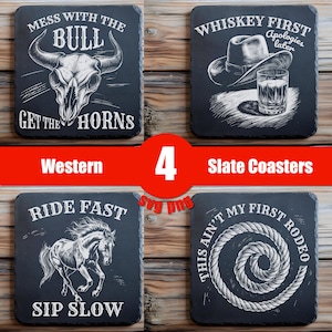 Western Coaster SVG Bundle, Funny Cowboy Quotes for Laser Engraving, Rustic Bar Slate PNG Designs, Farmhouse Rodeo Decor, Slate Coaster Set