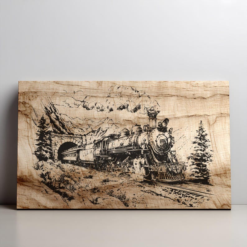 May include: A black and white illustration of a steam train emerging from a tunnel, set against a mountain backdrop. The artwork is etched onto a rectangular wooden panel, showcasing the grain of the wood.