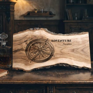 以下が含まれることがあります： 天然の縁を持つ木製の看板には、コンパスのデザインと「ADVENTURE Awaits」という言葉が刻まれています。看板は、濃い茶色の彫刻が施された明るい茶色の木材で作られています。