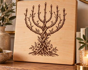 Botanical Menorah SVG, Jewish Tree of Life Engraving, Judaica Wall Decor PNG