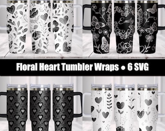 Paquete de archivos SVG para vasos con diseño de corazón floral / 6 diseños para impresión láser, diseños para vasos de 40 oz