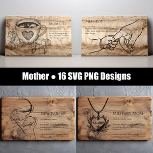 Könnte beinhalten: Vier Holztafeln mit eingravierten Designs und Text. Eine zeigt eine Kaffeetasse und die Worte "MOM LIFE". Eine andere zeigt eine Hand, die die Hand eines Kindes hält, mit dem Wort "MOTHER". Die dritte sagt "NEW PARENT" und die vierte "MILITARY MOM".