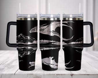 Dragon Tumbler Wrap SVG PNG | 40oz Fantasy Mountain Laser File, Mythical Cup Design