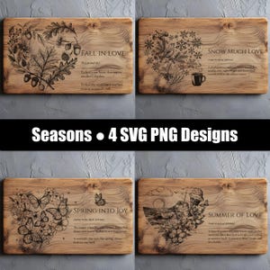 May include: Four wooden plaques with seasonal designs. Each plaque features a different season: Fall, Winter, Spring, and Summer. The plaques have engraved illustrations and text, including the phrases "Fall in Love," "Snow Much Love," "Spring into Joy," and "Summer of Love."