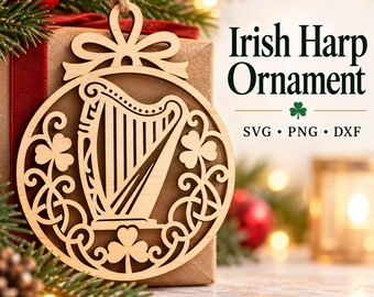 Irish Harp Ornament SVG DXF, Celtic Christmas Laser Cut, Ireland Heritage Gift