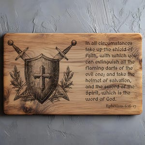 May include: Wooden plaque with engraved artwork featuring a shield, crossed swords, and olive branches. The text reads "In all circumstances take up the shield of faith..." from Ephesians 6:16-17. The wood has a natural grain.