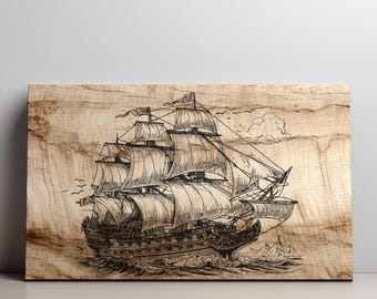May include: A rectangular wooden plaque featuring a detailed black ink illustration of a large sailing ship with multiple masts and full sails navigating through choppy water, with small birds flying in the sky above the vessel.