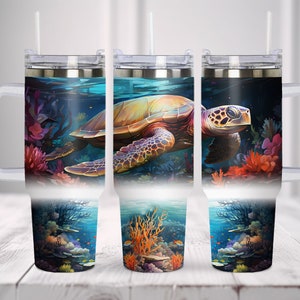 Sea Turtle Tumbler Wrap. Large Tumbler with Handle Wrap. Beach Seascape Vacation, Seamless 40oz Tumbler Wrap, Sublimation Downloads PNG