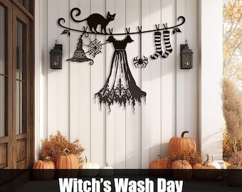 Witch Laundry Line SVG DXF, Halloween Clothesline Plasma Cut Wall Art
