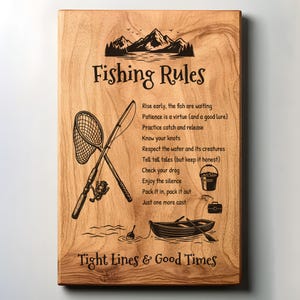 Fishing Rules SVG | Vintage Fisherman Gift for Dad | Lake House Decor Stencil | Tight Lines & Good Times | Laser Engrave File for Wood Sign