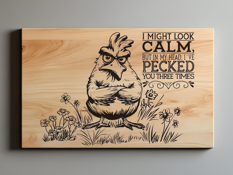May include: Wooden cutting board with a humorous design. A stern-looking chicken illustration is etched on the light-colored wood, along with the text "I MIGHT LOOK CALM, BUT IN MY HEAD, I'VE PECKED YOU THREE TIMES."