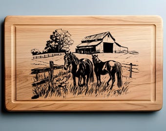 Charcuterie cutting board Laser engrave SVG, PNG, Horse Farm, Lightburn laser SVG file, Country Life, wood sign, personal gift, Horse Scene