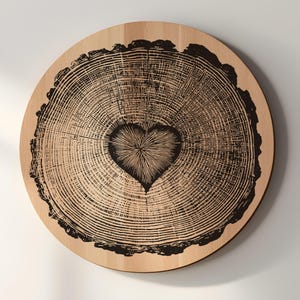 Könnte beinhalten: Runde Wanddekoration aus Holz mit einem Herzdesign in der Mitte. Das Kunstwerk zeigt die natürliche Maserung des Holzes, mit einem schwarzen Herzen und einem Baumringmuster. Der Durchmesser des Kunstwerks beträgt ca. 30 cm.