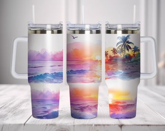 Strand Tumbler Verpackung PNG | 40 Unzen Stanley Cup Sublimationsentwurf | Tropischer Ozean-Sonnenuntergang