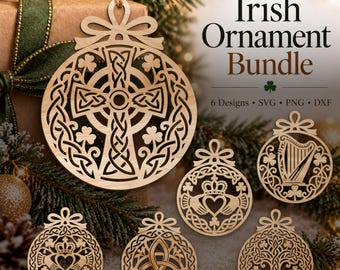 Irish Ornament Bundle SVG DXF PNG | 6 Celtic Christmas Designs, Claddagh, Harp, Cross