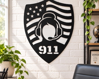 911 Dispatcher Shield DXF SVG, Patriotic Plasma Cut File, Emergency Operator Wall Art