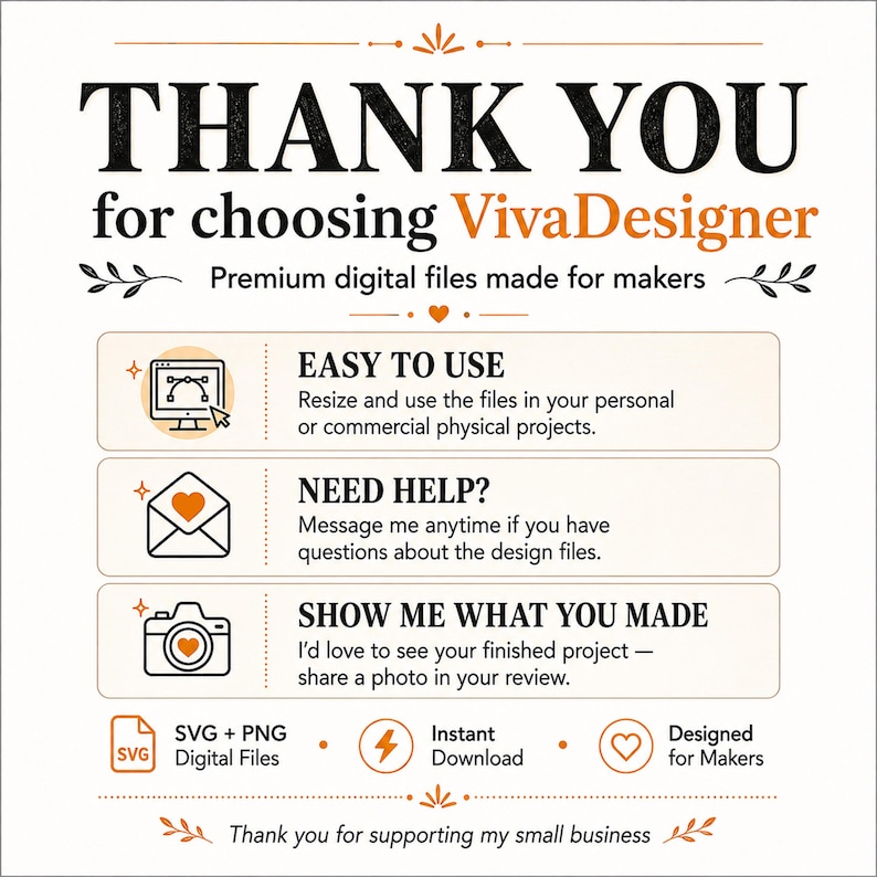 Op de afbeelding: Een digitale bedankkaart voor VivaDesigner met zwarte en oranje tekst. Het bevat secties voor gebruiksinstructies, hulpvragen en het delen van projecten, samen met iconen voor SVG- en PNG-bestanden en een directe downloadoptie.