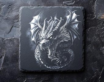 Dragon Coaster PNG | Fantasy Slate Engraving File | Gothic Dragon Lover Gift