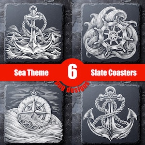 May include: Set of six black slate coasters with white ink illustrations of nautical themes. The designs include an anchor, a compass, a ship's wheel, and waves.