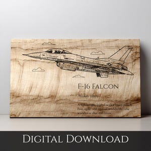 May include: A wooden panel featuring a detailed black line drawing of an F-16 Falcon fighter jet, with the text "F-16 FALCON" and a definition. The panel has a light brown wood grain background.