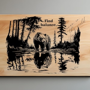 File SVG con incisione laser del tagliere per salumi Bear, file SVG con paesaggio forestale, file SVG Png, file SVG Lightburn Laser, cartello in legno, file SVG Bear