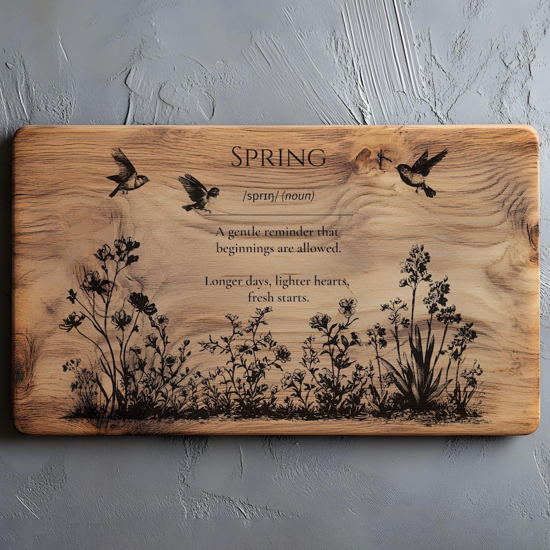 K&ouml;nnte beinhalten: Rechteckiges Servierbrett aus Holz mit dem Wort "SPRING" und seiner Definition. Das Brett zeigt ge&auml;tzte Bilder von V&ouml;geln und floralen Designs. Der Text lautet: "Eine sanfte Erinnerung daran, dass Anf&auml;nge erlaubt sind. L&auml;ngere Tage, leichtere Herzen, frische Starts."