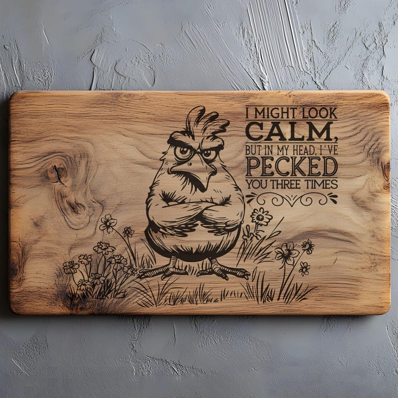 May include: A rectangular wooden cutting board with a humorous engraved design. The design features an angry chicken with crossed arms, surrounded by flowers and grass. Text reads, "I MIGHT LOOK CALM, BUT IN MY HEAD, I'VE PECKED YOU THREE TIMES."