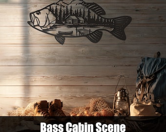 Bass Fishing SVG DXF, Cabin Lake Scene Plasma Cut Metal Wall Art
