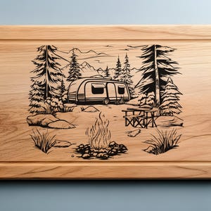 Camping Trailer Cutting Board Laser Engrave SVG File, Charcuterie Camping Scene Svg, Png, Lightburn Laser SVG File, Wood Sign, Camp Life Svg