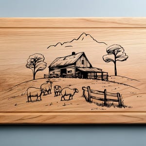 Sheep Farmhouse Decor Charcuterie, Country Scene Cutting Board Laser Engrave SVG, PNG, Lightburn Laser Svg File, Rustic Decor Svg, Wood Sign
