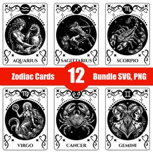 Cartes du zodiaque SVG, PNG, lot de cartes du zodiaque, horoscope, Svg astrologie, horoscope Png, pack astrologie, projets CNC Co2