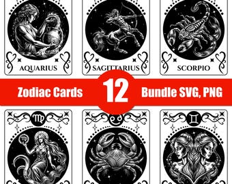 Puede incluir: Tarjetas del zodiaco en blanco y negro con ilustraciones detalladas de símbolos y figuras astrológicas. Las tarjetas presentan signos como Acuario, Sagitario, Escorpio, Virgo, Cáncer y Géminis. El texto incluye nombres de signos y "Zodiac Cards 12 Bundle SVG, PNG."