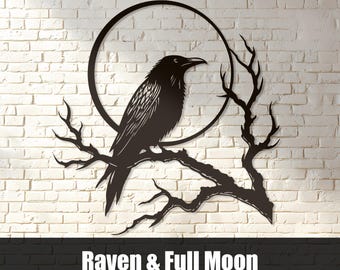 Raven Moon Wall Art SVG DXF, Gothic Laser Cut Bird Design Plasma Metal Art