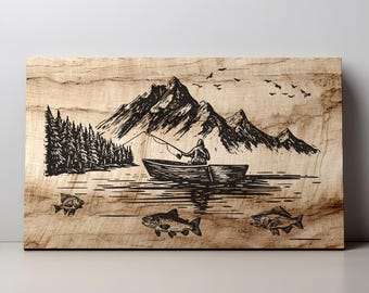 Mountain Lake Fishing SVG, Angler Boat Trout Laser Engraving Scene