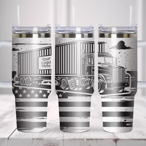 May include: A set of three stainless steel tumblers with a black and white graphic of a semi-truck and trailer. The design includes an American flag motif with stars and stripes, and space for a logo.