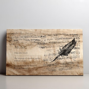 May include: Wooden wall art with the word "MUSIC" and musical notes. A black feather quill is placed over the notes. The text reads: "The language of emotion, spoken without words. An invisible bridge between heart and memory."