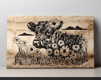Highland Cow Flowers SVG PNG | Cute Floral Cow Sign | Engraving Design for Farmhouse Wood Decor