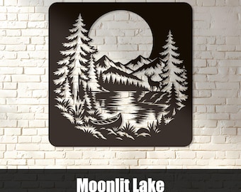 Moon Lake Cutout SVG, Mountain Forest Wall Art, Cabin Decor DXF