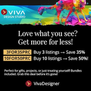May include: An advertisement for Viva Design Studio, featuring a colorful geometric dog illustration. The text promotes savings: Buy 3 listings, save 35%; buy 10 listings, save 50%. The ad encourages viewers to get more for less.