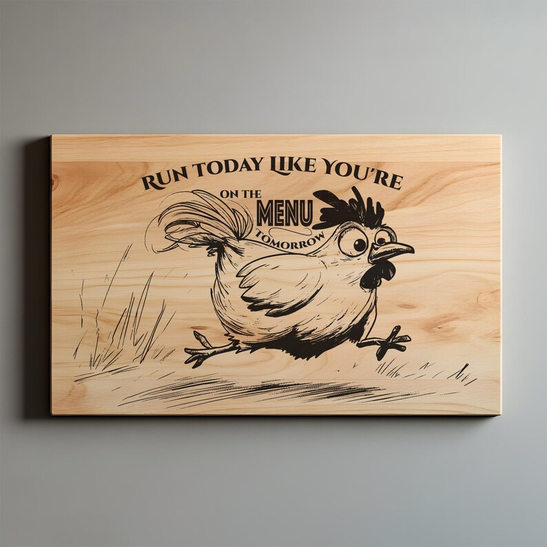 May include: Wooden cutting board with a cartoon chicken running. The text reads "Run today like you're on the menu tomorrow." The chicken is black and white, and the board has a natural wood grain.