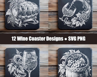 Wine Coaster SVG PNG Bundle | Vineyard Slate Designs, Grape Bar Decor Laser Engraving Files